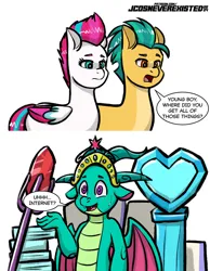 Size: 1584x2046 | Tagged: safe, artist:jcosneverexisted, derpibooru import, hitch trailblazer, sparky sparkeroni, zipp storm, dragon, earth pony, pegasus, pony, g5, 2 panel comic, big crown thingy, bloodstone scepter, comic, crystal heart, dialogue, element of magic, female, image, jewelry, jpeg, male, older, older sparky sparkeroni, parody, regalia, ship:stormblazer, shipping, straight, sweat, the fairly oddparents