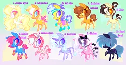 Size: 4432x2302 | Tagged: safe, artist:janegumball, derpibooru import, oc, oc:angel eyes, oc:bubblegum, oc:chip, oc:cupcake, oc:dead beat, oc:go-go, oc:rinky-dink, oc:shiver, oc:snicker doodle, oc:twinkle, unofficial characters only, earth pony, pegasus, pony, unicorn, zebra, bow, choker, clothes, colored pupils, ear piercing, earring, freckles, hair bow, hair over eyes, headband, heart, heart eyes, high res, horn, image, jewelry, leg warmers, leonine tail, leotard, piercing, pigtails, png, roller skates, skates, spiked choker, sweatband, tail, tail bow, wingding eyes, zebra oc