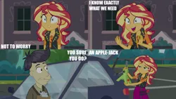 Size: 2000x1125 | Tagged: safe, derpibooru import, edit, edited screencap, editor:quoterific, screencap, cranky doodle donkey, sunset shimmer, donkey, human, driving miss shimmer, equestria girls, equestria girls series, car, duo, duo male and female, female, g4, image, jack, male, my little pony equestria girls: choose your own ending, png, pun, visual pun