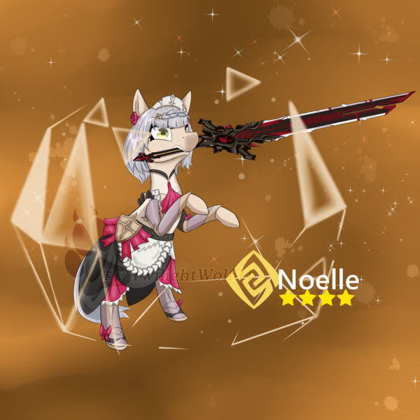 Size: 3000x3000 | Tagged: safe, artist:twilightwolf91, ponified, earth pony, pony, g4, clothes, dress, female, genshin impact, maid, mare, mouth hold, noelle (genshin impact), png, solo, sword, weapon