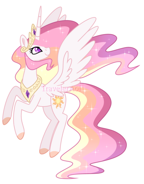 Size: 1000x1279 | Tagged: safe, artist:traveleraoi, derpibooru import, princess celestia, alicorn, pony, colored pupils, crown, cute, cutelestia, ethereal mane, ethereal tail, female, flying, g4, hooves, horn, image, jewelry, long horn, long mane, long tail, mare, peytral, png, redesign, regalia, simple background, smiling, solo, sparkles, spread wings, tail, tall, transparent background, watermark, wings