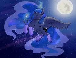 Size: 3300x2550 | Tagged: safe, artist:frozen-fortune, artist:frozen-fortunes, derpibooru import, princess luna, alicorn, pony, clothes, concave belly, cute, earbuds, eyes closed, female, flying, full moon, g4, glow, glowing horn, happy, high res, horn, image, ipod, jpeg, levitation, lunabetes, magic, mare, mare in the moon, moon, mp3 player, night, socks, solo, spread wings, stars, telekinesis, time paradox, wings