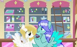 Size: 2727x1650 | Tagged: safe, artist:ncolque, derpibooru import, screencap, oc, oc:aqua drop, oc:honeybun, pegasus, pony, crying, image, marriage proposal, png, smiling, spread wings, sugarcube corner, wings