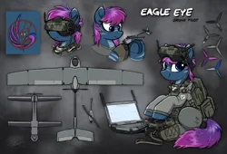 Size: 4244x2883 | Tagged: safe, artist:selenophile, derpibooru import, oc, oc:eagle eye, unofficial characters only, fallout equestria, armor, computer, dashite, drone, enclave, enclave armor, image, laptop computer, plate carrier, png, reference sheet