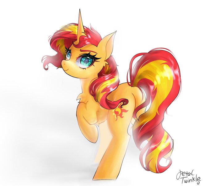 Size: 2048x1726 | Tagged: safe, artist:petaltwinkle, derpibooru import, sunset shimmer, pony, unicorn, art trade, bunset shimmer, butt, chest fluff, female, g4, horn, image, jpeg, looking at you, looking back, looking back at you, mare, plot, signature, simple background, smiling, smiling at you, solo, white background