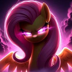Size: 1024x1024 | Tagged: safe, ai content, derpibooru import, machine learning generated, fluttershy, pegasus, pony, female, g4, generator:dall-e 3, glow, glowing eyes, image, jpeg, mare, serious, serious face, solo, solo female, solo focus, spread wings, wings, xk-class end-of-the-world scenario