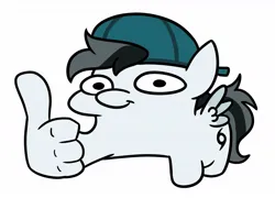 Size: 1201x865 | Tagged: safe, alternate version, artist:jargon scott, derpibooru import, oc, unofficial characters only, pegasus, pony, backwards ballcap, baseball cap, cap, commission, hat, image, jpeg, male, simple background, solo, squatpony, stallion, suddenly hands, thumbs up, white background