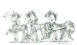 Size: 1500x875 | Tagged: safe, artist:baron engel, derpibooru import, apple bloom, scootaloo, sweetie belle, earth pony, pegasus, pony, unicorn, cutie mark crusaders, diploma, female, filly, foal, g4, graduation, graduation cap, hat, horn, image, jpeg, monochrome, pencil drawing, traditional art, trio, trio female