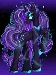 Size: 3000x4000 | Tagged: safe, artist:floralshitpost, derpibooru import, nightmare rarity, unicorn, spoiler:comic, crown, diamond eyes, eyelashes, eyeshadow, g4, glow, horn, image, jewelry, lidded eyes, makeup, png, raised hoof, regalia, simple background, solo, unshorn fetlocks, wingding eyes