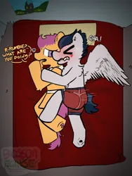 Size: 1620x2160 | Tagged: suggestive, artist:blossomeclipse, banned from derpibooru, derpibooru import, rumble, scootaloo, anthro, pegasus, pony, bed, blushing, colt, colt on filly, confused, derpibooru exclusive, dialogue, digital art, dry humping, duo, duo male and female, explicit description, female, filly, hoof heart, humping, humping like there's no tomorrow, image, lolicon, male, png, poster, rumbloo, sex, sexual experiment, sexually oblivious, shipping, shotacon, story included, straight, underage, underhoof, younger