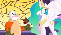 Size: 2062x1170 | Tagged: safe, derpibooru import, screencap, princess celestia, bouquet, clothes, flower, freaked out, gloves, homestar runner, image, jpeg, poop, surprised, the poopsmith