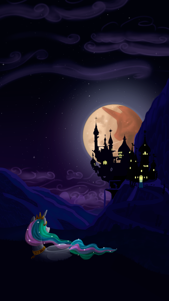 Size: 2160x3840 | Tagged: safe, artist:stellardust, derpibooru import, princess celestia, alicorn, pony, canterlot, canterlot castle, female, g4, high res, image, jewelry, lying down, mare, mare in the moon, moon, mountain, night, phone wallpaper, png, regalia, silhouette, solo