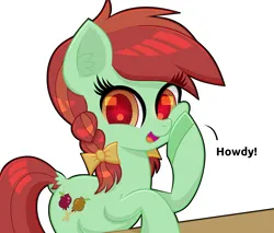 Size: 2000x1700 | Tagged: safe, artist:scandianon, derpibooru import, candy apples, earth pony, pony, apple family member, female, hoof on cheek, howdy, image, looking at you, mare, open mouth, open smile, png, simple background, smiling, solo, talking to viewer, white background