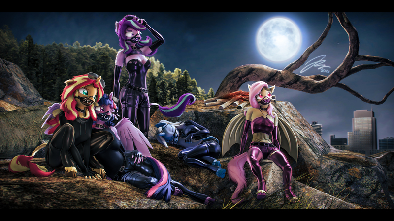 Size: 9600x5400 | Tagged: safe, artist:imafutureguitarhero, derpibooru import, fluttershy, sci-twi, starlight glimmer, sunset shimmer, trixie, twilight sparkle, twilight sparkle (alicorn), alicorn, anthro, bat pony, classical unicorn, pegasus, pony, unguligrade anthro, unicorn, 3d, :3, absurd file size, absurd resolution, alicornified, arm fluff, arm freckles, aviator sunglasses, badass, badass adorable, bat ponified, bat wings, beanie, belt, black bars, breast fluff, campfire, chains, cheek fluff, chest fluff, chromatic aberration, city, cityscape, cleavage fluff, clothes, cloven hooves, collar, colored eyebrows, colored eyelashes, colored wings, corset, crouching, cute, dead tree, diatrixes, ear fluff, ear freckles, evening gloves, eyes closed, face mask, female, film grain, fingerless elbow gloves, fingerless gloves, fishnet clothing, floppy ears, fluffy, fluffy hair, fluffy mane, fluffy tail, flutterbat, forest, freckles, freckleshy, full moon, fur, g4, glasses, glasses off, glasses on head, gloves, grass, group, hat, hoodie, hoof fluff, horn, hug, image, jpeg, latex, latex corset, latex gloves, latex pants, latex socks, latex stockings, leonine tail, long gloves, long hair, long mane, long nails, lying down, mare, mask, missing accessory, moon, multicolored hair, multicolored mane, multicolored tail, nature, neck fluff, night, one ear down, outdoors, pants, peppered bacon, quintet, race swap, sci-twilicorn, shiny, shorts, shoulder fluff, shoulder freckles, shyabetes, signature, skindentation, sleeping, socks, source filmmaker, stockings, sunglasses, tail, tail fluff, tail hug, tail pillow, tanktop, thigh highs, tree, two toned wings, unshorn fetlocks, wall of tags, wing fluff, wing freckles, wings, zettai ryouiki