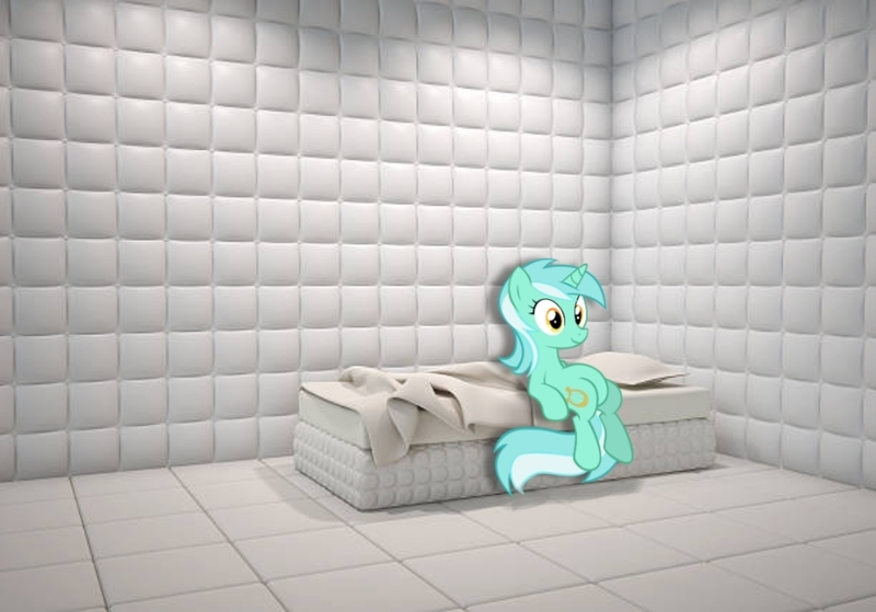 Size: 1030x720 | Tagged: safe, derpibooru import, edit, edited screencap, screencap, lyra heartstrings, pony, unicorn, asylum, bed, blanket, female, g4, horn, image, irl, jpeg, mare, meme, padded cell, photo, ponies in real life, sitting, sitting lyra, smiling