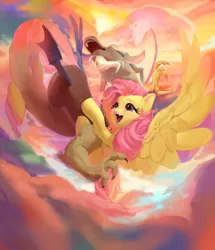 Size: 1287x1496 | Tagged: safe, artist:vondsketch, derpibooru import, discord, fluttershy, bat pony, pegasus, pony, abstract background, cloud, discoshy, duo, female, g4, heart, heart eyes, image, jpeg, large wings, male, open mouth, raised hoof, shipping, sky background, spread wings, straight, wingding eyes, wings