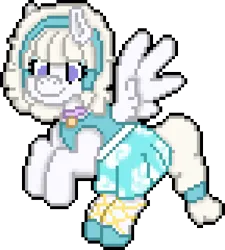 Size: 576x640 | Tagged: safe, artist:bloonacorn, derpibooru import, oc, oc:cloudy cushion, pegasus, choker, clothes, digital art, dress, flying, hairband, image, pegasus oc, pixel art, png, simple background, transparent background, wings