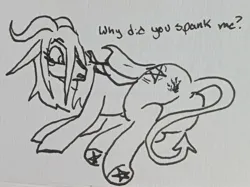 Size: 2048x1528 | Tagged: safe, artist:pony quarantine, derpibooru import, oc, unofficial characters only, pony, butt, female, floppy ears, grayscale, horns, image, jpeg, looking back, lying down, mare, monochrome, pen drawing, plot, side, solo, spaded tail, spank mark, tail, traditional art, underhoof