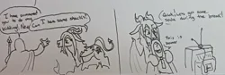 Size: 2048x688 | Tagged: safe, artist:pony quarantine, derpibooru import, oc, oc:anon, unofficial characters only, demon, demon pony, human, original species, pony, 2 panel comic, comic, dialogue, duo, female, grayscale, image, jpeg, mare, monochrome, pen drawing, penetration, sex, speech bubble, summoning, television, traditional art, wholesome