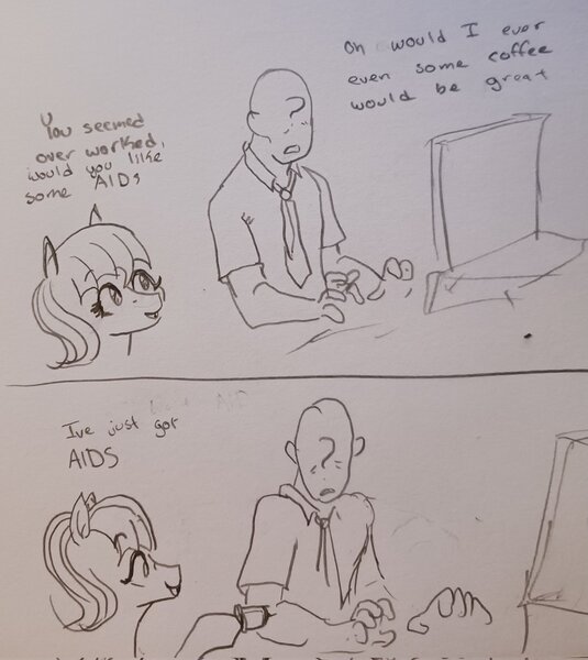 Size: 1826x2048 | Tagged: safe, artist:pony quarantine, derpibooru import, oc, oc:aids mare, oc:anon, unofficial characters only, earth pony, human, pony, 2 panel comic, comic, computer, dialogue, duo, duo male and female, female, grayscale, image, jpeg, male, monochrome, pen drawing, syringe, traditional art