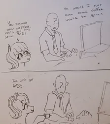 Size: 1826x2048 | Tagged: safe, artist:pony quarantine, derpibooru import, oc, oc:aids mare, oc:anon, unofficial characters only, earth pony, human, pony, 2 panel comic, comic, computer, dialogue, duo, duo male and female, female, grayscale, image, jpeg, male, monochrome, pen drawing, syringe, traditional art