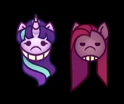 Size: 1971x1650 | Tagged: safe, artist:partyponypower, derpibooru import, pinkie pie, starlight glimmer, earth pony, pony, unicorn, alternate universe, black background, duo, duo female, eyelashes, female, frown, g4, head only, horn, image, jpeg, lidded eyes, long mane, looking at you, mare, pink coat, pink mane, pinkamena diane pie, ponytail, s5 starlight, simple background, smiling, smiling at you, straight mane, tied mane, two toned mane, unicorn horn, wavy mane