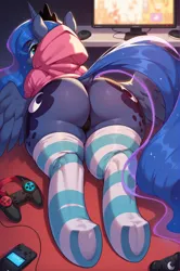 Size: 1224x1840 | Tagged: suggestive, machine learning generated, prompter:kuporosso, princess luna, alicorn, gamer luna, butt, clothes, hoodie, image, laying on ground, laying on stomach, looking at you, looking back, looking back at you, moonbutt, png, socks, solo, striped socks, thicc ass, thigh highs, underhoof