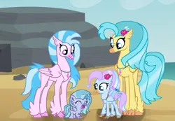 Size: 3173x2195 | Tagged: safe, artist:galaxynightsparkle, derpibooru import, princess skystar, silverstream, oc, oc:feather tail, oc:kiarina, hippogriff, hippogriffon, hybrid, my little pony: the movie, base used, cousins, female, g4, group, image, interspecies offspring, mother and child, mother and daughter, offspring, older, older silverstream, parent:gallus, parent:princess skystar, parent:silverstream, parents:gallstream, png