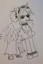 Size: 1379x2048 | Tagged: safe, artist:pony quarantine, derpibooru import, oc, oc:dyx, unofficial characters only, alicorn, pony, black sclera, choker, cigarette, clothes, dress, eye clipping through hair, female, grayscale, hair bun, image, jpeg, maid, mare, monochrome, older, older dyx, pen drawing, solo, traditional art