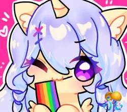 Size: 1264x1112 | Tagged: safe, artist:petaltwinkle, derpibooru import, oc, unnamed oc, unofficial characters only, alicorn, pony, :3, alicorn oc, big ears, big eyes, blushing, chibi, colored ear fluff, commission, cream coat, ear fluff, emanata, eye clipping through hair, eyebrows, eyebrows visible through hair, floating heart, gay pride flag, hairclip, heart, holding flag, horn, icon, image, jpeg, long mane, mouth hold, one eye closed, outline, pink background, pride, pride flag, profile picture, purple eyes, purple mane, raised hoof, ringlets, shiny mane, simple background, small wings, smiling, solo, spread wings, unicorn horn, wingding eyes, wings, wink, ych result, yellow coat, your character here
