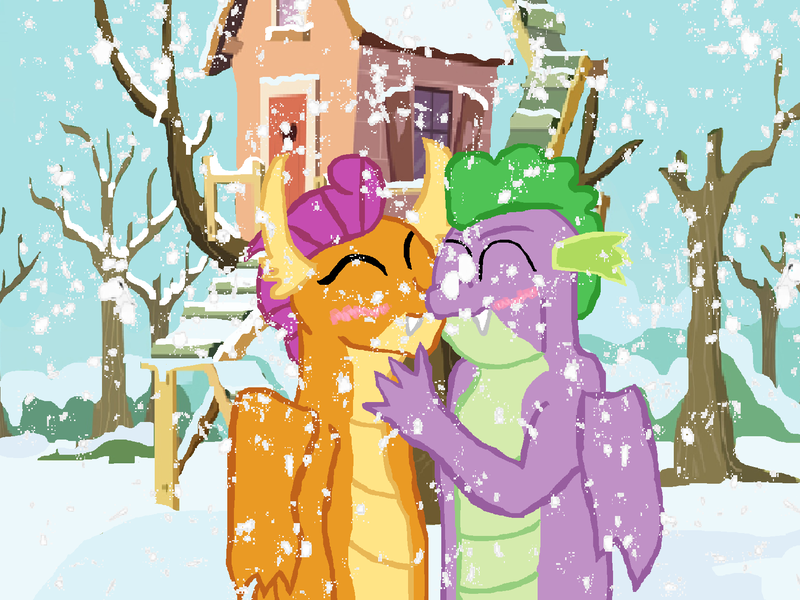 Size: 1686x1264 | Tagged: safe, artist:wildrose17, derpibooru import, smolder, spike, dragon, eyes closed, female, g4, gigachad spike, image, kissing, male, older, older smolder, older spike, png, ship:spolder, shipping, snow, straight