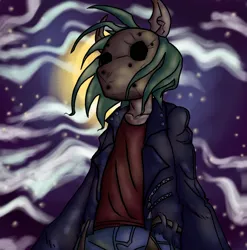 Size: 870x882 | Tagged: safe, artist:freakazoidthunk, derpibooru import, oc, oc:derp, unofficial characters only, anthro, earth pony, unguligrade anthro, biker, clothes, cloud, cloudy, green mane, hockey mask, image, jacket, leather, leather jacket, mask, mlha, moon, my little hazards area, night, night sky, opposable hooves, parody, png, riding wasps, sky, solo, stars