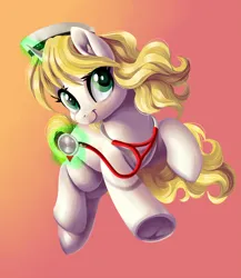 Size: 1500x1725 | Tagged: safe, artist:jadedjynx, derpibooru import, oc, unofficial characters only, pony, unicorn, female, glow, glowing horn, gradient background, horn, image, jpeg, magic, mare, nurse, smiling, solo, stethoscope, telekinesis, underhoof