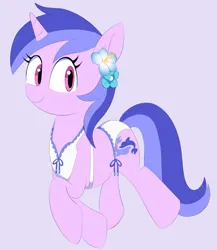 Size: 1497x1725 | Tagged: safe, artist:spoonie, derpibooru import, sea swirl, seafoam, pony, unicorn, bikini, clothes, flower, flower in hair, horn, image, looking at you, png, simple background, smiling, smiling at you, solo, swimsuit