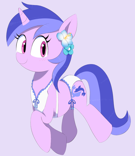 Size: 1497x1725 | Tagged: safe, artist:spoonie, derpibooru import, sea swirl, seafoam, pony, unicorn, bikini, clothes, flower, flower in hair, horn, image, looking at you, png, smiling, smiling at you, solo, swimsuit