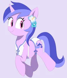 Size: 1497x1725 | Tagged: safe, artist:spoonie, derpibooru import, sea swirl, seafoam, pony, unicorn, bikini, clothes, flower, flower in hair, horn, image, looking at you, png, smiling, smiling at you, solo, swimsuit