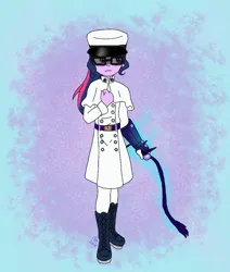 Size: 823x972 | Tagged: safe, artist:fallenangel5414, derpibooru import, sci-twi, twilight sparkle, fanfic:friendship souls, equestria girls, bow, clothes, crossover, fanfic art, g4, glasses, gloves, image, jpeg, military uniform, simple background, skirt, solo, uniform