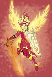 Size: 696x1024 | Tagged: safe, artist:fallenangel5414, derpibooru import, sunset shimmer, fanfic:friendship souls, equestria girls, armor, clothes, crossover, fanfic art, fiery wings, fire hair, g4, high heels, image, jpeg, shield, shoes, simple background, skirt, solo, sword, weapon, wings