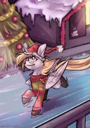 Size: 1879x2658 | Tagged: safe, artist:lonerdemiurge_nail, derpibooru import, derpy hooves, alicorn, pony, alicornified, chest fluff, christmas, christmas sweater, clothes, derpicorn, female, hat, holiday, ice skates, ice skating, image, mare, png, race swap, santa hat, skates, solo, sweater