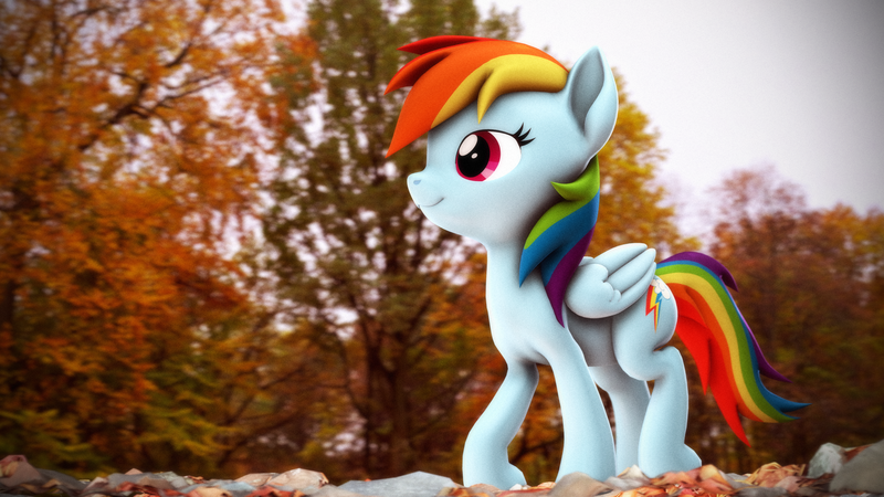 Size: 3840x2160 | Tagged: safe, artist:psfmer, derpibooru import, rainbow dash, pegasus, pony, 3d, autumn, female, folded wings, g4, high res, image, mare, png, smiling, solo, source filmmaker, tree, wings