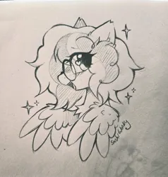 Size: 1947x2048 | Tagged: safe, artist:mirtash, derpibooru import, oc, oc:fluff fablewing, unofficial characters only, pegasus, pony, blushing, commission, glasses, heart, heart eyes, image, jpeg, nonbinary, pegasus oc, pencil drawing, smiling, solo, spread wings, traditional art, transgender oc, wingding eyes, wings