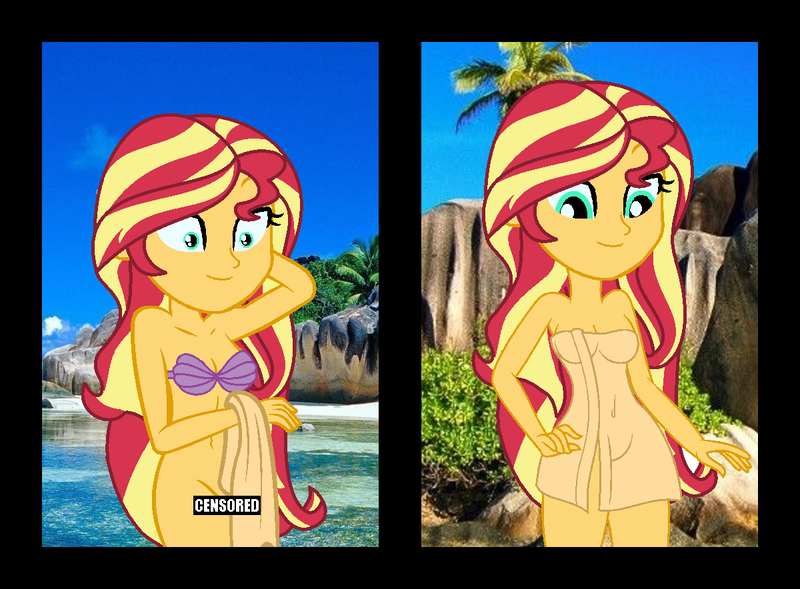 Size: 1200x884 | Tagged: suggestive, artist:robertsonskywa1, derpibooru import, sunset shimmer, equestria girls, beach, bra, censor bar, censored, clothes, female, g4, image, mermay, naked towel, nudity, photo, png, seashell, seashell bra, sexy, solo, solo female, stupid sexy sunset shimmer, the little mermaid, towel, underwear