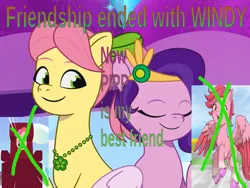 Size: 960x720 | Tagged: safe, anonymous artist, derpibooru import, edit, edited screencap, screencap, pipp petals, posey (g5), g5, my little pony: tell your tale, spoiler:g5, caption, equestria's got talent, exploitable meme, female, friendship ended with x, image, jpeg, meme, p + p = bffs, text, windy