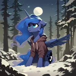 Size: 2048x2048 | Tagged: safe, ai content, derpibooru import, machine learning generated, prompter:liladash, stable diffusion, princess luna, alicorn, pony, clothes, forest, g4, generator:pony diffusion v6 xl, hoodie, horn, image, looking up, moon, nature, night, one ear down, png, sad, sitting, snow, tree, wings