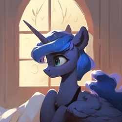 Size: 2048x2048 | Tagged: safe, ai content, derpibooru import, machine learning generated, prompter:liladash, stable diffusion, princess luna, alicorn, pony, ear fluff, g4, generator:pony diffusion v6 xl, horn, image, morning, png, solo, window, wing fluff, wings