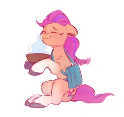 Size: 938x886 | Tagged: safe, artist:itssim, derpibooru import, sunny starscout, earth pony, pony, g5, bag, bowl, colored sketch, eyes closed, female, image, mare, png, saddle bag, simple background, sitting, sketch, smiling, solo, steam, sunny's bag, tail, unshorn fetlocks, white background
