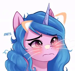 Size: 862x813 | Tagged: safe, artist:maren, derpibooru import, edit, izzy moonbow, cat, pony, unicorn, g5, my little pony: make your mark, bags under eyes, bust, catified, cute, eyebrows, eyebrows visible through hair, female, frown, horn, image, izzy moodbow, izzybetes, jpeg, mare, messy mane, sad, sadorable, simple background, solo, species swap, tired, white background