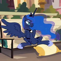 Size: 4096x4096 | Tagged: prompter needed, source needed, safe, ai content, derpibooru import, machine learning generated, stable diffusion, princess luna, pony, belly, bench, canterlot, concave belly, crown, cushion, featureless crotch, female, generator:pony diffusion v6 xl, hoof shoes, horn, image, jewelry, lidded eyes, long horn, mare, one wing out, peytral, png, princess shoes, regalia, show accurate, sitting, slender, solo, solo female, spread legs, spreading, thin, wings