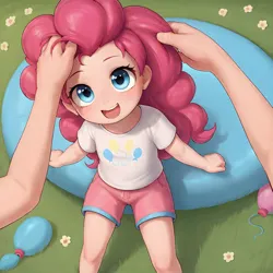 Size: 1024x1024 | Tagged: safe, ai content, machine learning generated, pinkie pie, human, child, clothes, cute, headpats, humanized, image, outdoors, petting, png, shirt, shorts, sitting, smiling, t-shirt, underage