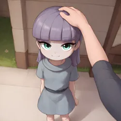 Size: 1536x1536 | Tagged: safe, ai content, machine learning generated, maud pie, human, child, clothes, cute, dress, headpats, humanized, image, outdoors, petting, png, smiling, underage